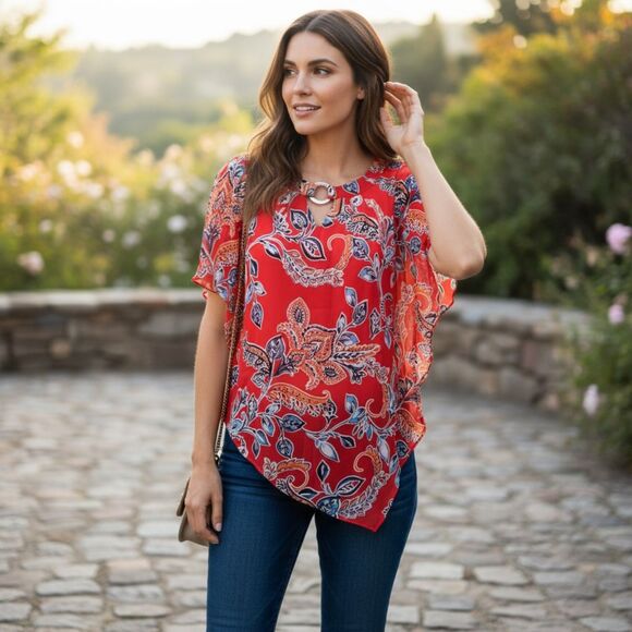 Apt. 9 Flowery Multicolor Red Cold Shoulder Layered Blouse Size Large - Picture 1 of 8